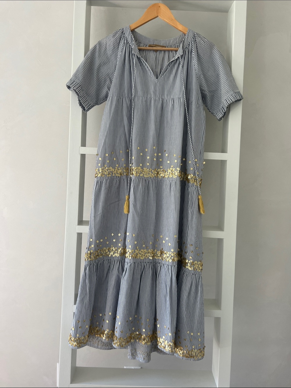 Striped Blue Midi Dress with Gold Embroidery